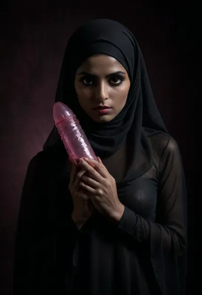 full body view of a face-covered beautiful dark skinned black eyed Persian woman wears a black translucent hijabi, naked apart from the hijabi, perfect eyes, perfect hand, holds large pink dildo next to her head, textured, photorealistic, the background is black, <lora:Super_Eye_Detailer_By_Stable_Yogi_SDPD0:.5>, <lora:DetailedEyes_V3:.9>, <lora:dark:.4>