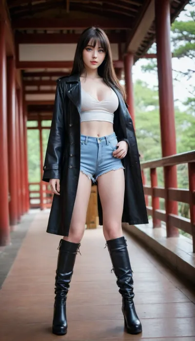 1 Japanese Girl, (27 Years old, FULL BODY, cloanted face), (Colossal breasts, Skinny, Very hiagh body, Pale skin), (Japanese girl), (Huge light blue eyes, Glowing eyes), (Long hair, Straight hair, Bangs, Black hair), (In a traditional Japanese temple), (Open leather trench coat, sexy crop top, shoulder holsters, asymmetrical black jeans, knee-high combat boots), (Extrem long shot, Panoramic shot of her, FULL BODY)