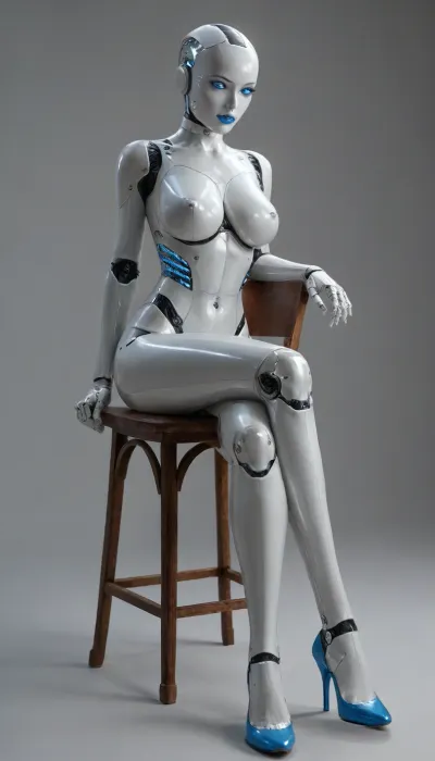 mechanical woman, full body, large metal breasts, robot vagina, molded high heels, platinum body, platinum skin, aluminum fighter, hard white plastic exoskeleton, transparent blue body parts, blue eyes, blue lipstick, blue heels, posing, tall, large, sitting on chair, crossed legs