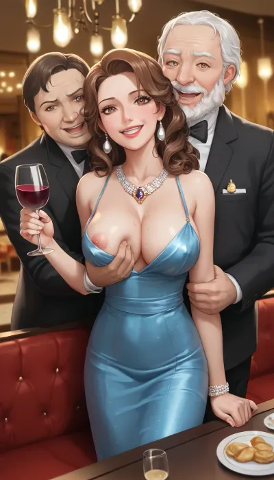 Russian, 1960s, very tall beautiful Russian brown elegant hair mother in pin-up style, she is wearing in mini blue flounce dress, middle tits, aroused nipples, wine glass in hand, a seductive face, beautiful brown eyes, stands in restaurant, very excited, The fright and embarrassment on her face, lustful, very ugly man in a suit, 2 ugly fat hairy bearded old men rough Hugging her and roughly strong groping her tits, roughly strong grabbing her tits, lustful mocking smile men's ugly face, man squeezes her tits tightly with his hand under the hem of her dress, group groping and grabbing, men give her vulgar hints about sex, (the scene of harassment, cheating on her husband, cuckold:1.5)