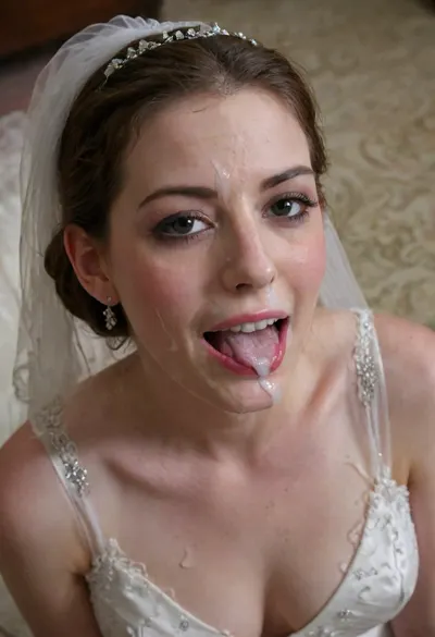 3/4 body shot, (Anne Hathaway:1.1), wedding dress with cum on her forehead, facial, open mouth, (cum in mouth:1.3), <lora:Facials:.5>, <lora:JustCum:.5>