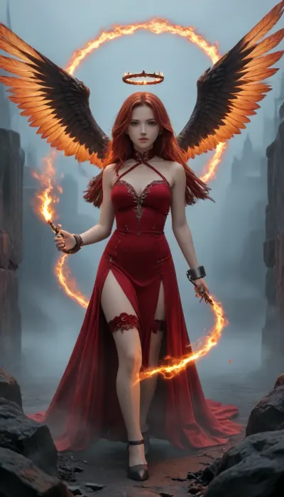 UHD 8K, extreme realism, cinematic, maximum detail, 500000000 billion year old woman, in hell, ((nighttime:2)), (fog:1.8), single light source above and behind, making eye contact, fallen angel, long red hair, whip made of fire, sexy dress with split down the side, thigh garter, halo of fire, shackles of fire. she is riding a black Pegasus, hooves on fire, blue fire, white fire, red fire, orange fire, nostrils smoking, eyes glowing an intense red, giant wings of fire. NEGATIVE_HANDS, <lora:Detailed_female_hands-000001:2>