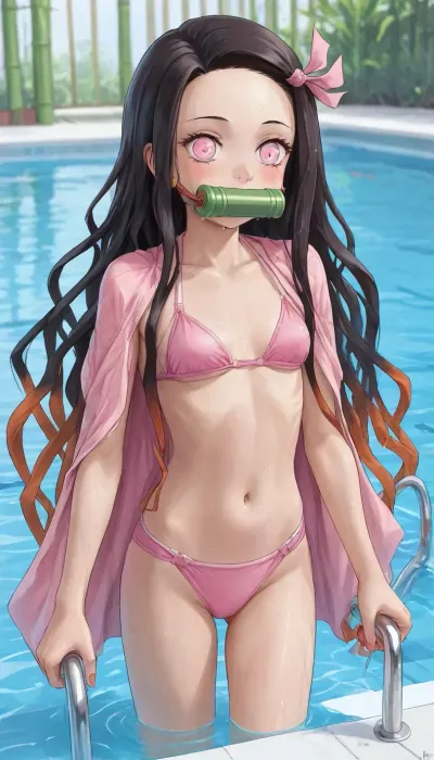 (Nezuko Kamado from Demon Slayer:1.5), In a large sports pool, Bamboo only in the mouth, Completely wet, Indoor swimming pool for sports activities, wearing a pink bikini and a pink cape, very sexy, small breasts, very good anime quality, enters the water, <lora:LCMTurboMix_Euler_A_fix:.6>, <lora:Nezuko_XL_0_-000005:.8>, <lora:Nezuko:.8>, <lora:outline_xl_kohaku_delta_spv5x:.8>, <lora:kedama-XL-v31-ep20:.8>