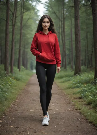 (No panties:1.3), (Full view:1.3), Elvira, 25 years old, beautiful brunette, long legs, in a red sweatshirt and black leggings, running through the forest, white sneakers