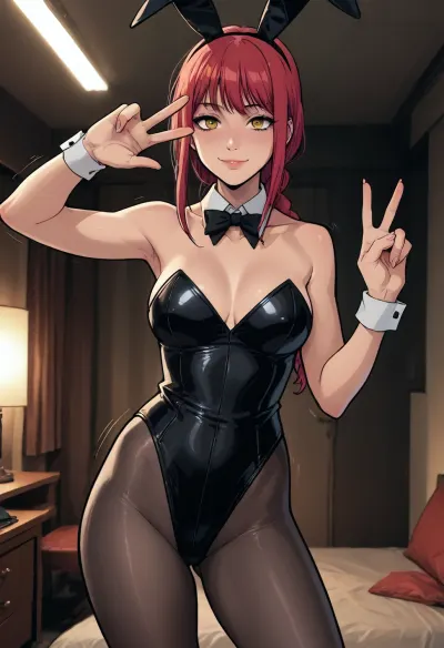 ((Melkor mancin meets markgavatino style)), (reiq style), Cel-shaded, inked lineart, limited color palette, masterpiece, ((makima from chainsaw man)), smile, bunny suit, peace sign, hips swaying, motion lines, dynamic lighting, high contrast, perfect lighting, <lora:mk_Bp Anime_xl:1.2>, <lora:lineartSDXL:2>, <lora:EnvyBeautyXL01:2>