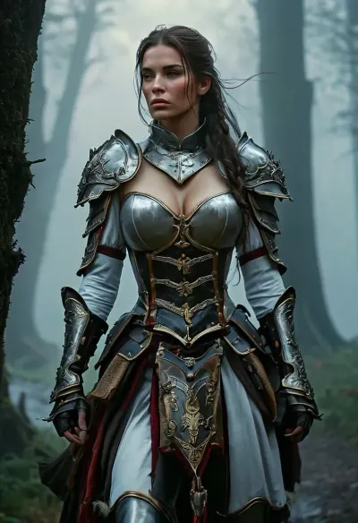 Uber realistic, 8k, ultra detailed, masterpiece, Beautiful female fantasy paladin, mounted riding along a dark forest path, (heavy fog:1.5), armor, zombies hiding in the forest, detailed face, detailed hair, detailed body, detailed skin, detailed breasts, High, Resolution, More, Details, 8K, but, <lora:MJ52:.8>, <lora:add-detail-xl:.8>, <lora:BUT_SDXL_SHS:.3>