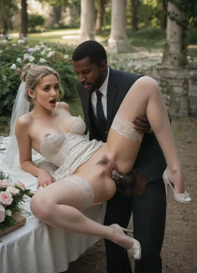 wonderful most beautiful wedding bride, detailed face, full lips, blonde hair, hairbun, conservative white wedding dress, garter belt and sheer brown stockings, Louboutin conservative high heels, dress lift up, decent red lips in face, hourglass figure, ripped stockings, wedding flowers, wedding bouquet, huge wedding cake, bottles champagner, surprised, wide open mouth, hands holding her boobs, (interracial sex:1.3), fucked by an aggressive stranger homeless large black man, missionary, (3rd person), sex, sitting on a table, rough fucking sex, legs spread wide, dark hairy pussy, rough sex, deep penetration, black man in suit, black man gritting teeth, black man has aggressive look, cum dripping down thighs, hard fucking, outdoors, flowering meadow, wedding guests watching, many people around, late afternoon, long deep shadows, specular lighting, creampie, impregnation, full body view