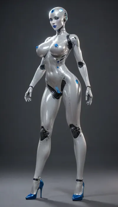 mechanical woman, full body, large metal breasts, robot vagina, molded high heels, platinum body, platinum skin, aluminum fighter, hard white plastic exoskeleton, transparent blue body parts, blue eyes, blue lipstick, blue heels, posing, tall, large, enhanced transparent blue breasts, oiled, masturbating vagina, shocked