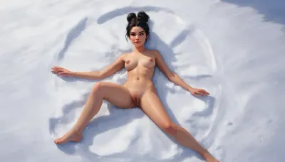 one woman, Skjorta, scandinavian, black short hair bun, 25 year old, laying naked on snowy ground and making snow angels, body covered in snow, top view from above, dynamic angle, artwork, digital painting, concept art, flat colors, loading screen art style, SamDoesArts, making, snow, agnel, <lora:SDXLSamDoesArts:1>, <lora:making_snow_angel_xl_v1:1>