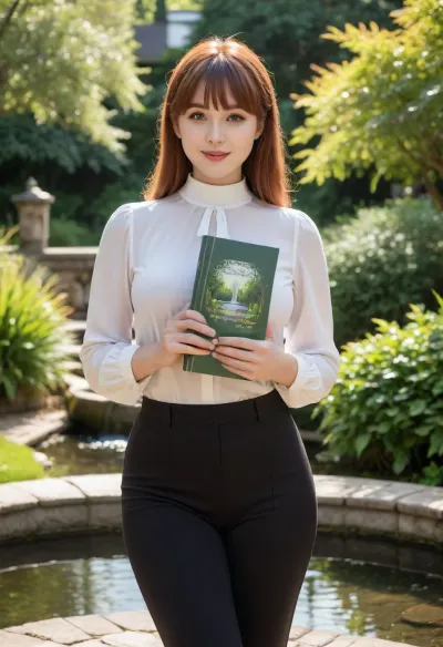 young curvy model, mirror selfie, minimalist aesthetic. A woman with shoulder-length reddish-brown hair styled with bangs High-quality anime illustration, gentle smile, holding a large book. Wearing a white high-neck blouse and high-waisted black trousers. Setting is a sunlit garden with a stone fountain and lush green leaves. Soft natural lighting, sunbeams, serene atmosphere, clean lines, detailed background, masterpiece style.