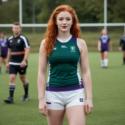 A 18 old year red-haired student with very long, curly red hair, dark green eyes, and bright red lipstick stands on an outdoor rugby field with a well-maintained green lawn. She wears a women's rugby outfit consisting of a fitted black tank top with white details and white shorts. The fabric is technical and close-fitting, typical of training or match wear, She is holding a white rugby ball in one hand, decorated with colorful black and purple patterns. Her other hand is holding a small white accessory, similar to a ribbon or sports protection. She is wearing long black knee-high socks and black sports shoes with white stripes.
A beige bandage or tape is visible on her right knee, suggesting protection or a sports injury. Her posture is relaxed, slightly in motion, with her weight distributed naturally, as if she were walking or had just stopped, She is smiling broadly, conveying a joyful, confident, and energetic expression. Her red hair is loose, a practical hairstyle for sports. The scene takes place in broad daylight, with soft natural light. In the background, blurred colorful signs typical of a sporting event can be seen, creating a shallow depth of field that highlights the subject, Photographic style, realistic sports photography, candid shot, natural colors, sharp focus on the subject, slightly blurred background. Nacked