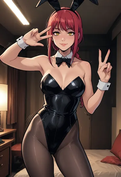 ((Melkor mancin meets markgavatino style)), (reiq style), Cel-shaded, inked lineart, limited color palette, masterpiece, ((makima from chainsaw man)), smile, bunny suit, peace sign, hips swaying, motion lines, dynamic lighting, high contrast, perfect lighting, <lora:mk_Bp Anime_xl:1.2>, <lora:lineartSDXL:2>, <lora:EnvyBeautyXL01:2>