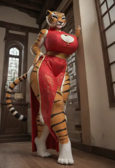 Tigress from Kung fu panda, Anthro woman, furry girl, 1girl, gigantic breasts, full body, huge ass, ideal body, high detail's, 2 leg, 5 finger, white Chinese palace, 4K quality, red Chinese cutout dress, bottom view, leaned her foot against the wall