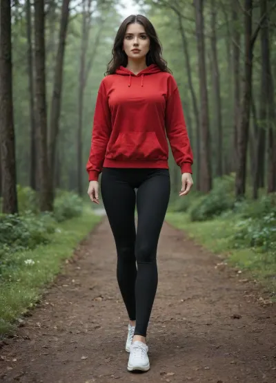 (No panties:1.3), (Full view:1.3), Elvira, 25 years old, beautiful brunette, long legs, in a red sweatshirt and black leggings, running through the forest, white sneakers