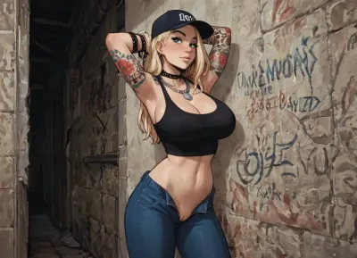 8k, score_9, score_8_up, score_7_up, Reiq feat Incase feat innv feat melkor mancin style, 25+, slender, Rounded Breast, Very blonde Hair, Tattoo, Cosplay, black backwards cap, dark blue eyes, looking at viewer, firm perky massive breasts, tight svelte waist, slender figure, artistic tattoos, dragon tattoos, geometric tattoos, tribal tattoos, floral tattoos, totem tattoos, tattoos on arms, tattoos on forearms, tattoos on chest and stomach, american traditional style tattoos, dogtag neck chain, wrist watch, (black tanktop), (breasts fully covered by black Tanktop), (((blue Hot Pants))), unzipped pants, open fly, shaved pussy, no panties, posing in American alley, stretching, citylora, <lora:City_SDXL_v1:.8>, ratatatat74, cute, doodle, <lora:ratatatat74-000050:.8>, <lora:cutedoodle_XL-000012:.8>, <lora:NEOTOKIOXL_0.2_RC:.8>, <lora:outline_xl_kohaku_delta_spv5x:.8>