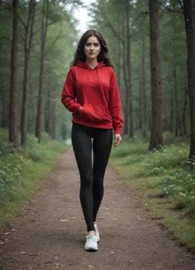 (No panties:1.3), (Full view:1.3), Elvira, 25 years old, beautiful brunette, long legs, in a red sweatshirt and black leggings, running through the forest, white sneakers