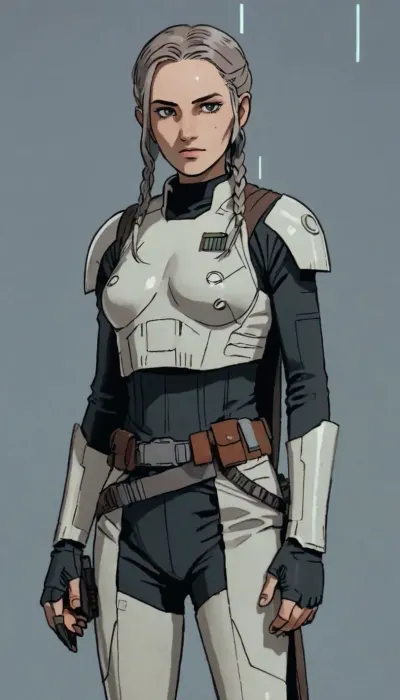 8k, score_9, score_8_up, score_7_up, Reiq feat Incase feat innv feat melkor mancin style, Uber realistic, ultra detailed, masterpiece, Star wars female, mandalorian, hair with a long braid, grey armor, black belt, black boots, grey mandalorian helmet, full Body Photo in sci fi setting, Future, Star wars, ratatatat74, cute, doodle, <lora:ratatatat74-000050:.8>, <lora:cutedoodle_XL-000012:.8>, <lora:NEOTOKIOXL_0.2_RC:.8>, <lora:outline_xl_kohaku_delta_spv5x:.8>