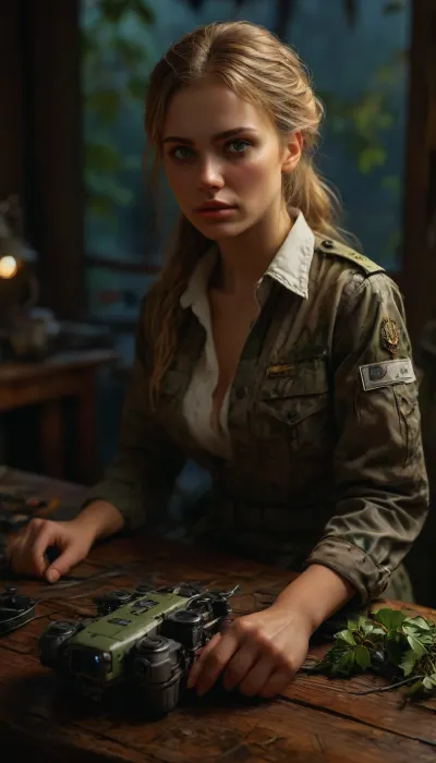 An attractivey 25 years old Ukrainian woman, (wearing a unbuttoned camouflage uniform with white shirt:1.3), in the field, (highly focused working meticulously on a drone:1.4), (detailed rendered drone on a rough wooden table:1.2), Her features are rendered in high detail, hard nipples under her shirt, with expressive eyes, a beautifully detailed iris, and long, blonde hair, Her hands and fingers are perfectly depicted, showing no anatomical flaws. She sits under a crude camouflage net, which blends with artificial leaves, creating a realistic forest-like appearance. The scene is set at night, with a cool, blue ambient light outside, indicating rain and mud. A warm, orange desk lamp illuminates her workspace and the drone. In the background, slightly out of focus, there are radios and other soldiers barely visible in the darkness, adding to the atmosphere, creating a hyper-realistic, photorealistic portrait, (maximum detail:1.5), (super realistic photo:1.4), <lora:detailed_notrigger:2>, <lora:SDXLFaeTastic2400:2>, <lora:MJ52:2>