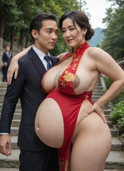 (masterpiece, best quality), (30 year old Asian mature woman:1.8), Anatomically accurate, (((mature:2))), (bbw), veryy pregnant, (massive pregnant belly), ((labia and pubic hair slide out:1.2)), chubby belly, ((areola slip)), (covered nipple:1.2), Chinese bridal updo, detailed face， big breasts, ((saggy breast：1.4)), (dark areolar:1.4), (pale skin:1.8), ，realistic face，laughing mouth open, side view, hands on hip, (taking photo with her husband), ((perfect sunlight Mountain with trees，stone stairs), crowd, crowd of people), Asian，, (A gorgeous red Chinese cheongsam, red Chinese cheongsam, embroidery, cleavage, high-slit dress, Ornate Chinese hairpins, no underwear), (Low neckline reaching the navel), ((wearing decorated loincloth:1.2)), (from side:1.2), 1man 1woman looking at viewer, hug，, (taking photo with a tall man, A man hugs a woman), ((young Asian man black hair in suit， fully dressed:1.2))