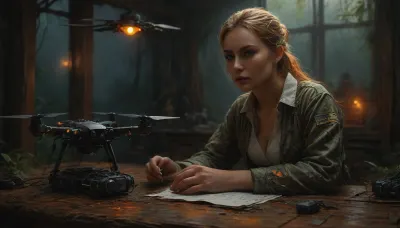 An attractivey 25 years old Ukrainian woman, (wearing a unbuttoned camouflage uniform with a white shirt:1.3), in the field, (highly focused working meticulously on a drone:1.4), (detailed rendered drone on a rough wooden table:1.7), Her features are rendered in high detail, hard nipples under her shirt, with expressive eyes, a beautifully detailed iris, and long, blonde hair, Her hands and fingers are perfectly depicted, (showing no anatomical flaws:1.2), (She sits under a crude camouflage net:1.2), which blends with artificial leaves, creating a realistic forest-like appearance. The scene is set at night, with a cool, blue ambient light outside, indicating rain and mud. A warm, (orange desk lamp illuminates her workspace and the drone:1.4), In the background slightly out of focus there are radios and other soldiers barely visible in the darkness, adding to the atmosphere, creating a hyper-realistic, photorealistic portrait, (maximum detail:1.5), (super realistic photo:1.4), Black, and, white, art, black, pencil, shading, charcoal, drawing, toned, paper, brutal, dark, b/w, color, scheme, <lora:detailed_notrigger:2>, <lora:SDXLFaeTastic2400:2>, <lora:MJ52:2>, <lora:Black and white art.V1:1.9>, <lora:Sweaty_Realism_4-000006:.8>