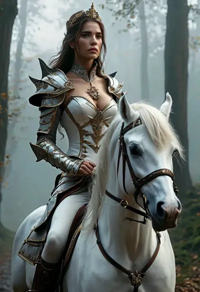 Uber realistic, 8k, ultra detailed, masterpiece, Beautiful female fantasy paladin, mounted riding a large unicorn, along a dark forest path, (heavy fog:1.5), armor, zombies hiding in the forest, detailed face, detailed hair, detailed body, detailed skin, detailed breasts, High, Resolution, More, Details, 8K, but, <lora:MJ52:.8>, <lora:add-detail-xl:.8>, <lora:BUT_SDXL_SHS:.3>