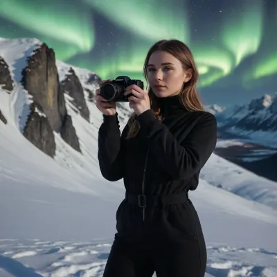 Photorealism, masterpiece, Norwegian female photographer, medium shot, (in black winter jumpsuit), photographing the northern lights, holding a mirror camera in her hands, (standing on a steep mountain slope), photography process, realistic, snow-covered mountains, night, Northern lights, highly detailed, cinematic lighting, light bokeh