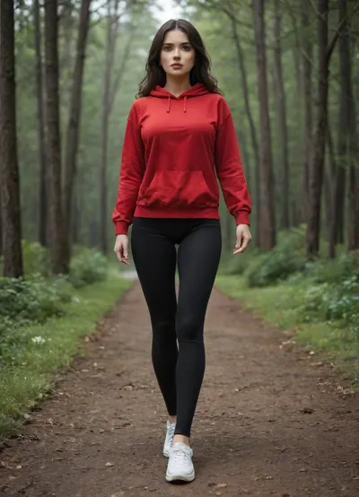 (No panties:1.3), (Full view:1.3), Elvira, 25 years old, beautiful brunette, long legs, in a red sweatshirt and black leggings, running through the forest, white sneakers