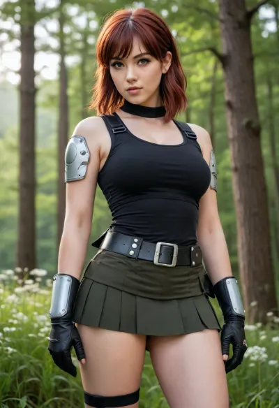 young curvy model, with shoulder-length reddish-brown hair styled with bangs, vibrant anime-style illustration of a woman withd a peaceful expression. Her outfit is inspired by classic tactical fighter attire, featuring a white cropped tank top with black trim, paired with a black pleated combat skirt held up by a detailed utility belt and suspenders. She wears long black arm sleeves, red fingerless tactical gloves with silver studs, and a mechanical guard on one arm. The background is a lush, sunlit forest floor with green grass and small white flowers. The art style features clean line work, bright natural lighting, and smooth cel-shading, capturing a heroic yet serene atmosphere..