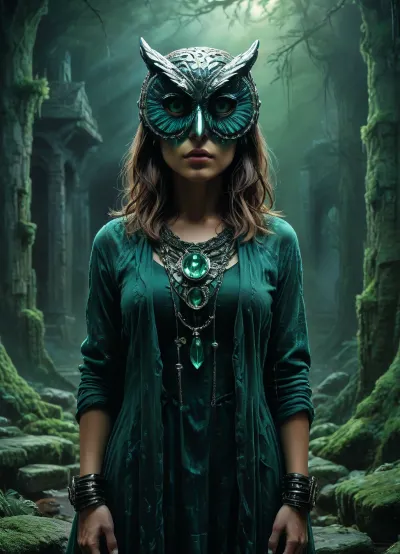8k, ultra-HD, masterpiece, woman, full body, crystal owl mask, drawix9, dwx9, <lora:tbh235-sdxl:.9>, <lora:drawix9:1>, <lora:Richard Corben Style:.8>, cs-cr1stal-v2, greengemix, grg1, <lora:greengemix:.8>