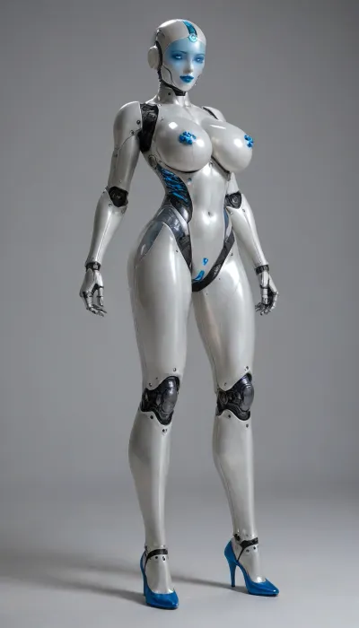 mechanical woman, full body, huge metal breasts, robot vagina, molded high heels, platinum body, platinum skin, aluminum fighter, hard white plastic exoskeleton, transparent blue body parts, blue eyes, blue lipstick, blue heels, posing, tall, large, enhanced transparent blue breasts, oiled, smiling kind robot