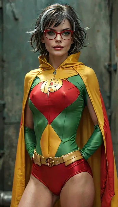 ASSIGNMENT, Take an award-winning photo of a gorgeous 45-year-old Boston MILF dressed as Robin from DC Comics, BREAK.

COSTUME, (the classic red and green costume of Robin from DC Comics with a yellow cape and the iconic "R" emblem on the chest:1.2), librarian glasses, stud earrings, wedding ring, BREAK.

FACE, beautiful Boston MILF, highly detailed face, pale skin, blushing, high forehead, slender eyebrows, thin lips, moist lips, light makeup, pixieish smile, long eyelashes, bright green eyes, big expressive eyes, looking at viewer, eye contact, perfect teeth, smile, BREAK.

BODY, gorgeous 45-year-old Boston MILF, very slender, small naturally sagging breasts, B cup, ((very pale skin)), blushing skin, large areolae with puffy nipples, detailed natural breasts, perfect ass, navel, detailed realistic skin with pores and hair follicles, ((pale creamy skin)), very hairy bush, perfect hands, handslora, BREAK.

HAIR, short gray-black hair with white streaks, hair in tight ringlets, ((white streaks in hair:1.7)), detailed hair, BREAK.

LOCATION, (bokeh), a dark alley in Gotham City, BREAK.

POSE, standing, hero shot, central focus, (show from thighs up), BREAK.

AESTHETIC, score_9, score_8_up, score_7_up, solo, cinematic, 8K, hyper realistic, sexy as hell, BREAK.

TEMPLATES, but, clothes, 4ng3l, face, braless, Wearing, that, make, sense, with, Braless>, <lora:add-detail-xl:2>, <lora:BUT_SDXL_SHS:1>, <lora:MJ52:2>, <lora:SDXL_BetterFaces-LoRA_v1:2>, <lora:bralessSDXL_v1_00022:1>