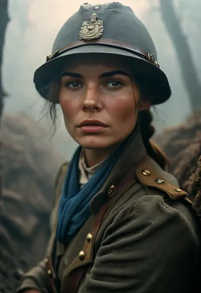 Uber realistic, 8k, ultra detailed, masterpiece, Beautiful 1920s female infantry soldier, hiding in a trench, (heavy fog:1.5), cleavage, detailed face, detailed hair, detailed body, detailed skin, detailed breasts, High, Resolution, More, Details, 8K, but, <lora:MJ52:.8>, <lora:add-detail-xl:.8>, <lora:BUT_SDXL_SHS:.3>
