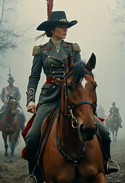 Uber realistic, 8k, ultra detailed, masterpiece, Beautiful 1920s female cavalry soldier, mounted riding across a battlefield, (heavy fog:1.5), cleavage, detailed face, detailed hair, detailed body, detailed skin, detailed breasts, High, Resolution, More, Details, 8K, but, <lora:MJ52:.8>, <lora:add-detail-xl:.8>, <lora:BUT_SDXL_SHS:.3>