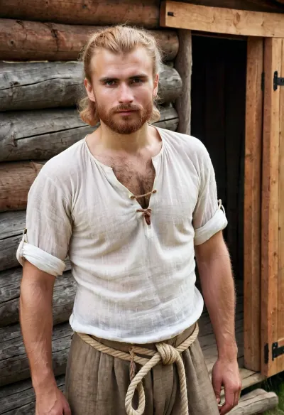 documentary style, authentic historical reconstruction, full-body portrait of an ordinary Slavic man, (27 years old), in medieval Rus. blonde hair. Average, soft physique with no muscle definition, naturally very hairy chest and stomach. He wears a simple linen undershirt, (rubakha), untied and open over his hairy body, and plain medieval trousers, (portki), tied with a rope. The pants are slightly lowered, revealing a hairy pubic area. He stands in a village setting near a wooden shed. There's another man standing nearby, he's red-haired, he's 30 years old. He has thick chest hair and hairy armpits. He puts his arm around the first man's shoulders, smiling. Earth tones, natural daylight, unposed, skin with imperfections, dirty hands and feet in simple footwear, handslora, <lora:sweaty_shirt_v5-28-B1-Rescale:.8>, <lora:Hands:.8>, <lora:Puppy_Face:.8>, <lora:Inata_Hot_Guys:.8>