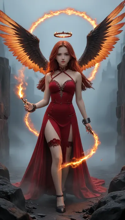 UHD 8K, extreme realism, cinematic, maximum detail, 500000000 billion year old woman, in hell, ((nighttime:2)), (fog:1.8), single light source above and behind, making eye contact, fallen angel, long red hair, whip made of fire, sexy dress with split down the side, thigh garter, halo of fire, shackles of fire. she is riding a black Pegasus, hooves on fire, blue fire, white fire, red fire, orange fire, nostrils smoking, eyes glowing an intense red, giant wings of fire. NEGATIVE_HANDS, <lora:Detailed_female_hands-000001:2>