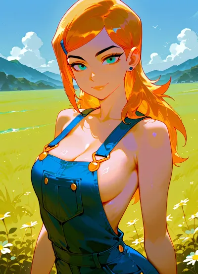 1girl, overalls, naked_overalls, solo, breasts, realistic, outdoors, looking_at_viewer, blonde_hair, sideboob, smile, day, medium_breasts, blue_eyes, long_hair, sky, gwen, tennyson, (/Ben10), /, (ultra, HD, quality, details), bright, orange, hair, short, (green, eyes), <lora:Gwen Tennyson (Ben10) - XL SCXL V1.0:.8>