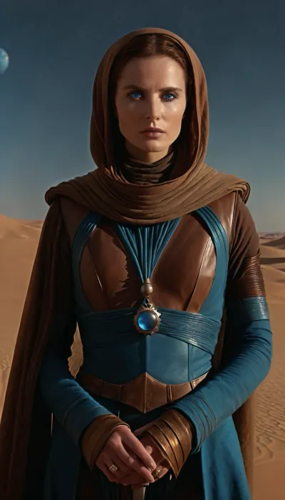 a photorealistic image in the style of a cinematic trailer based on Dune, showcasing the mysterious Bene Gesserit. Visual Style, sunny, unhurried, with elements of desert like the films of David Lynch, but with an emphasis on danger.
Setting, A dune in desert of Arrakis, ((((((there's one blue and brown planet in the sky)))))), . The photograph shows Jessica Atreides, (a proud woman, with the power of a Bene Gesserit), . She's standing with determination., ((She has otherworldly eyes, (blue:1.3))), ((she's wearing fremen's stillsuit, which reveals her perfect body)), .
Technical Details, Lighting – deep shadows, the face illuminated by a warm light.
Color, Dark shadows + orange accents, (as in Dune 1984), .
Atmosphere, The photograph should feel simultaneously sacred and brutal – the viewer should be simultaneously intrigued and terrified. Jessica Atreides is vulnerable and worried, but she's a charismatic countess whom gaze is hypnotic, and her gaze reflects her wisdom . The ending leaves a sense of solitude.
Key Motifs, Visual Imagery, Scenes with the Bene Gesserit from Dune, (1984), .
Lighting, Greg Frazer's work in Dune, (2021), .
High definition, 8K, HD, high quality, high detail, good lighting, beautiful, epic, masterpiece, blue, eyes, cloak, <lora:Dune1024:.3>