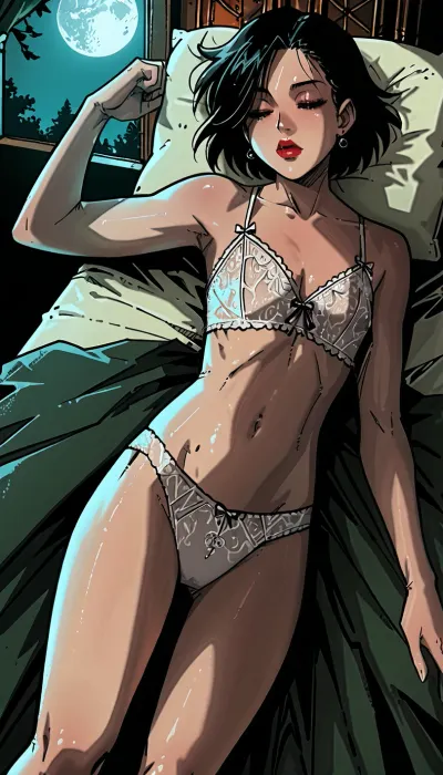 young woman a model appearance, black short cut hair, ((Insanely hot)), small perky tits, flat chest, skinny, very long legs, no makeup, red lips, ((Melkor mancin meet markgavatino style)), reiq style, ratatatat74, SamDoesArts, <lora:LCMTurboMix_Euler_A_fix:1.1>, <lora:ratatatat74-000050:1.8>, <lora:SDXLSamDoesArts:1.6>, night, cold moon light, <lora:dark:.3>, white lingerie, lying on a bed, lying on her back, sleeping