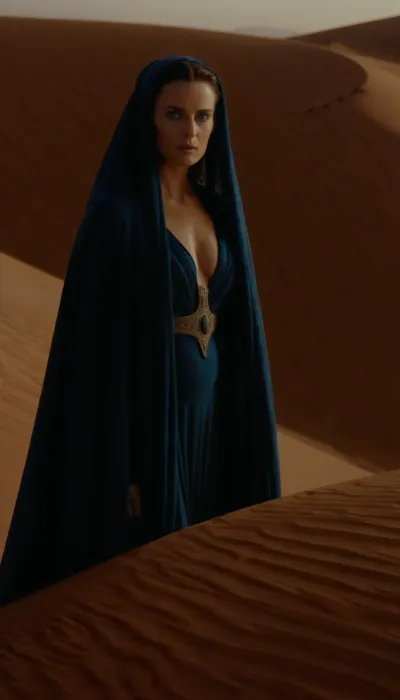 a photorealistic image in the style of a cinematic trailer based on Dune, showcasing the mysterious Bene Gesserit. Visual Style, Dark, unhurried, with elements of psychological horror and mysticism—like the films of David Lynch, but with an emphasis on feminine power and sacred danger.
Setting, A dune in desert. The place is mystical, we can feel a cosmic presence there, because of the fumes from the spice.
The photograph shows Jessica Atreides, with the power of a Bene Gesserit. She stands there menacingly, ((((She has otherworldly eyes, (blue:1.3))))), (she's wearing cloak, and, (fremen's suit), which reveals her perfect body, with desirable breasts, ((Her body is both attractive))), she's pregnant and doesn't know it., (((((Shai-Hulud, the great sandworm majestically emerges from the dune behind her))))), .
Technical Details, Lighting, Rembrandt – deep shadows, the face illuminated by a cool blue light.
Color, Dark shadows + orange accents, (as in Dune 1984), but with enhanced blue for a mystical feel.
Atmosphere, The photograph should feel simultaneously sacred and brutal – the viewer should be simultaneously intrigued and terrified. Jessica Atreides is vulnerable and worried, but she's a charismatic countess whom gaze is hypnotic, and her gaze reflects her wisdom . The ending leaves a sense of mystery.
Key Motifs, Visual Imagery, Scenes with the Bene Gesserit from Dune, (1984), .
Lighting, Greg Frazer's work in Dune, (2021), (contrast of shadow and light), .
High definition, 8K, HD, high quality, high detail, good lighting, beautiful, epic, masterpiece, <lora:Dune SDXL v2.1:1.4>