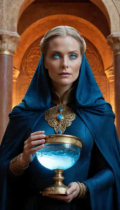 The Reverend Mother Bene Gesserit, a beautiful mature woman with glowing blue eyes, dressed in a simple dress with a gold necklace and a cloak with a hood thrown over her head, holds a precious cup made of gold and rock crystal filled with glowing Water of Life in her hands, preparing to perform the Spice Agony ritual at the order's residence on the planet Capitule, (the era of the Heretics of Dune), . Detailed textures, an atmosphere of mystery, high-resolution image, slight bokeh