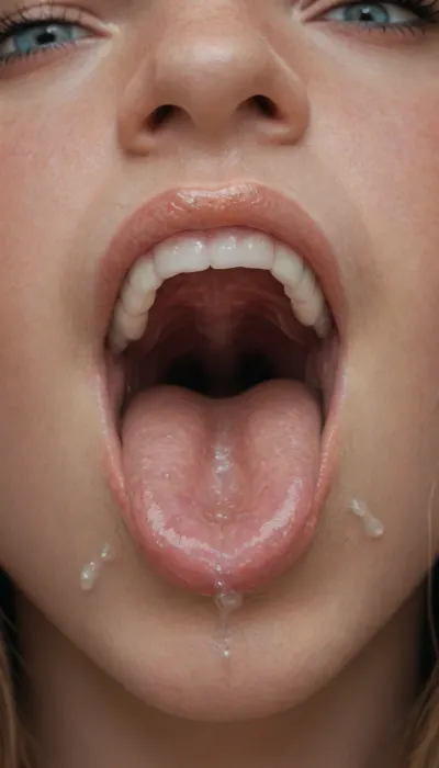 extreme close up of open drooling gaping pussy containing teeth and tongue, very pretty, very cute totally nude 19-year-old coed, flushing, blushing, orgasming