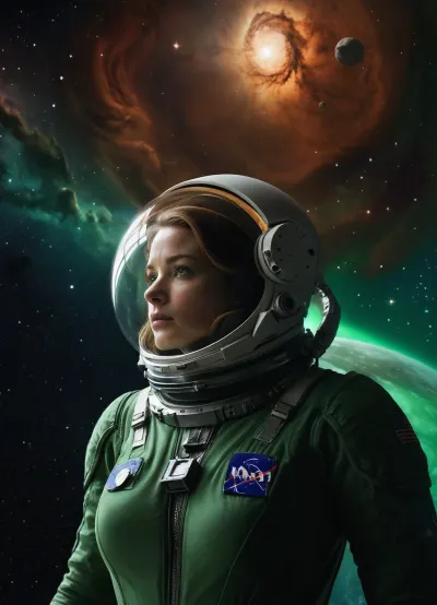 Cinematic, hyper-realistic, epic science fiction, far future, spacecraft drifting in front of the horse-head nebula, a beautiful black green-eyed astronaut repairs the ship in open space, she wears a skin-tight spacesuit