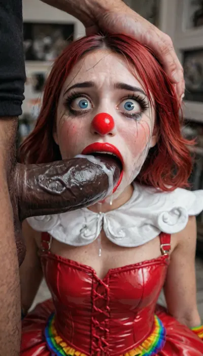 completed leggings, supermarket, rondom oral Deepthoat, hair perfect, back view perfect eyes, ultra hd, (rondom angle), (rondom pose), (rondom view), (masterpiece:1), hard nipples, perfect anatomic body, ass up, ultra detailed, masterpiece, arched back, detailxl, 35mm photograph, film, professional, 4k, hdr, photographic, ultra high details, back light, best quality, proper physics, volumetric lighting, golden hour lighting, dramatic shadows, rich details, nature-inspired color palette, big hypermuscular black men, (enlarged gaping rectum:1.3), swollen white cocks with veins, proper anatomy, breast squeezing, passionate kissing, big black cocks, tongues sticking out, (volumetric lighting), (maximum quality:1.5), (high resolution:1.5), (ultra realism:1.5), (maximum detailed:1.5), detailed body, detailed skin, hyperrealistic, (strong penetration:1.2), extreme graphics, shocked expression, beautiful hands, naked, copious creampie, facial, belly, tight, perfect, breasts, cutout, clothing, deepthroat, blowjob fuck, penis in her mouth, reveals, (((clad in a white with red details clown Pennywise cosplay style corset)), ((Clown Pennywise latex cosplay style))), surprised expression, (holding the head:1.1), (forced blowjob face fuck:1.2), show only the face, (huge dick:1.1), (cum face:1.3), (scared face:1.5), perfect teeth, (big black dick 30cm forced blowjob:1.3), (looking up:1.2), (big thighs:1.3), (visible teeth:1.2), (open mouth:1.7), (brown dick:1.1), (wide eyes crying:1.7), <lora:LCMTurboMix_Euler_A_fix:2>