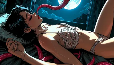 young woman a model appearance, black short cut hair, ((Insanely hot)), small perky tits, flat chest, skinny, very long legs, no makeup, red lips, ((Melkor mancin meet markgavatino style)), reiq style, ratatatat74, SamDoesArts, <lora:LCMTurboMix_Euler_A_fix:1.1>, <lora:ratatatat74-000050:1.8>, <lora:SDXLSamDoesArts:1.6>, night, cold moon light, <lora:dark:.3>, white lingerie, lying on a bed, lying on her back, sleeping, (tentacle:1), (one tentacle in front of her face), face closeup