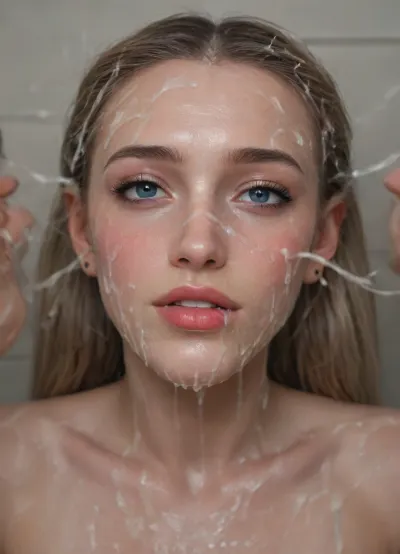 A photo of a face, a photograph of the face of a gentle, innocent, petite, affectionate, pale woman, (makeup:.6), film grain, two pigtails, in a top and thong, the face is covered in a thick white substance, (bukake:1.8), on the face there is a lot of white thick liquid of the consistency of porridge, the porridge is smeared in a thin layer all over the cute face of the girl, the girl's facial expression is ahegao.