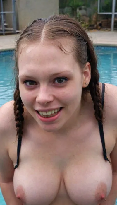 Turned around, ass facing camera, huge dimpled ass, imperfect, ugly but fuckable, Obese, Big smile, braces, pig tails hair, Full curly pigtails, full bod, seductive, tempting, dewy, 18, barely legal, Acne, bad skin, scars, acne scars, pimples, albino black girl, Afro pigtails, bbw, young, fat, chubby, sweating, plump, heavy makeup, heavy eyeliner, heavy eyeshadow, metallic lipstick, teeth, <lora:braces-sdxl:2>, <lora:definitivesarah:.8>, Swiming, pool, <lora:JJsSwimpool_XL:.8>, <lora:Supermodel_Helga:.8>