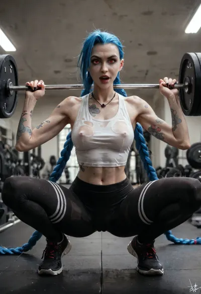 score_9, score_8_up, score_7_up, score_6_up, Uber realistic, 8k, ultra detailed, masterpiece, (Jinx:1.4), (Arcane), sweating, (highly detailed eyes), struggling expression, (erect nipples under cropped large athletic tank top, tight athletic leggings with camel toe), (squatting using barbell, body shaking, legs shaking), (gym, large mirrors, scattered workout equipment), (((motion lines, speed lines, sound effects))), (depth of field), (low light, soft focus, realistic, high quality, high contrast, highly detailed, rim lighting)