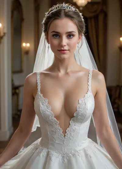1young adult girl, with a huge diamond necklace, front view, with twin bun hairstyle, (warm grin), wearing a white cutout wedding dress, (realistic facial features, ultra-detailed, best quality:1.2), (perfect body and face), cute tall tall face, clear face, symmetrical face with high cheekbones, well-defined jawline, Intense gaze, (beautiful detailed eyes:1.3), (detailed face, finely detail, masterpiece:1.2), (lace stockings), (full body), ((standing)), feet, skinny waist, (realistic legs:1.2), beautiful legs, ((average breasts size)), nipples, (sharp nipples), ((nipples showing through from under clothes)), looking at viewer, ((posing for a photo:1.4)), hands down, skin pores, ((detailed pussy, beautiful pussy, perfect pussy)), cameltoe, ((high detailed skin, detailed skin texture)), (skin pores, skin imperfections), (highly detailed hair), (highly detailed body), (realistic, photo-realistic:1.37), ((insanely detailed)), ((more plausible)), physically-based rendering, (wedding environment), intricate detailed environment, far shot, soft light, perfect illumination, soft focus, 8k uhd, dslr, ultra-HD, high quality, (highest quality), (photographed on a Nikon D750 with Nikon 20mm f/1.8 lens, 1/200th, f/11, ISO 1600), volumetric lighting, volumetric shadows, intricate detail, sophisticated detail, depth of field, ray tracing, see, through, transparent, dress, cleavage