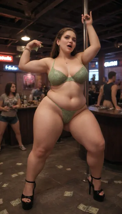 Pole dancer, cash in bra, cash in thong, Barely legal, Fat, bbw, young, 18, strip club, stripper, hooker, prostitution, sex for money, money stuffed in bra, lapdance, stripper outfit, sex worker, exotic dancer, twerking, cum, <lora:JJsClub_Flux:.8>, <lora:definitivesarah:.8>, cyberpunk, d4nc3, club, <lora:cyberpunk_d4nc3_club:.8>