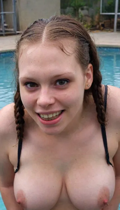 Turned around, ass facing camera, huge dimpled ass, imperfect, ugly but fuckable, Obese, Big smile, braces, pig tails hair, Full curly pigtails, full bod, seductive, tempting, dewy, 18, barely legal, Acne, bad skin, scars, acne scars, pimples, albino black girl, Afro pigtails, bbw, young, fat, chubby, sweating, plump, heavy makeup, heavy eyeliner, heavy eyeshadow, metallic lipstick, teeth, <lora:braces-sdxl:2>, <lora:definitivesarah:.8>, Swiming, pool, <lora:JJsSwimpool_XL:.8>, <lora:Supermodel_Helga:.8>